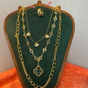 Elegant Gold Layered Necklace Stack Set with Earrings (CZ, Opal)